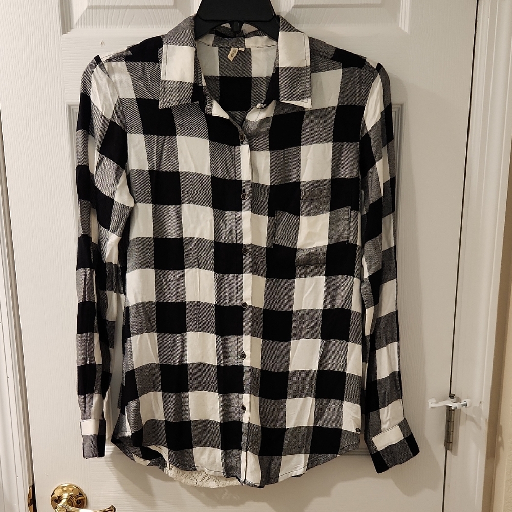 Rip Curl Monochrome Checkered Shirt with Lace Back Women's Size Large